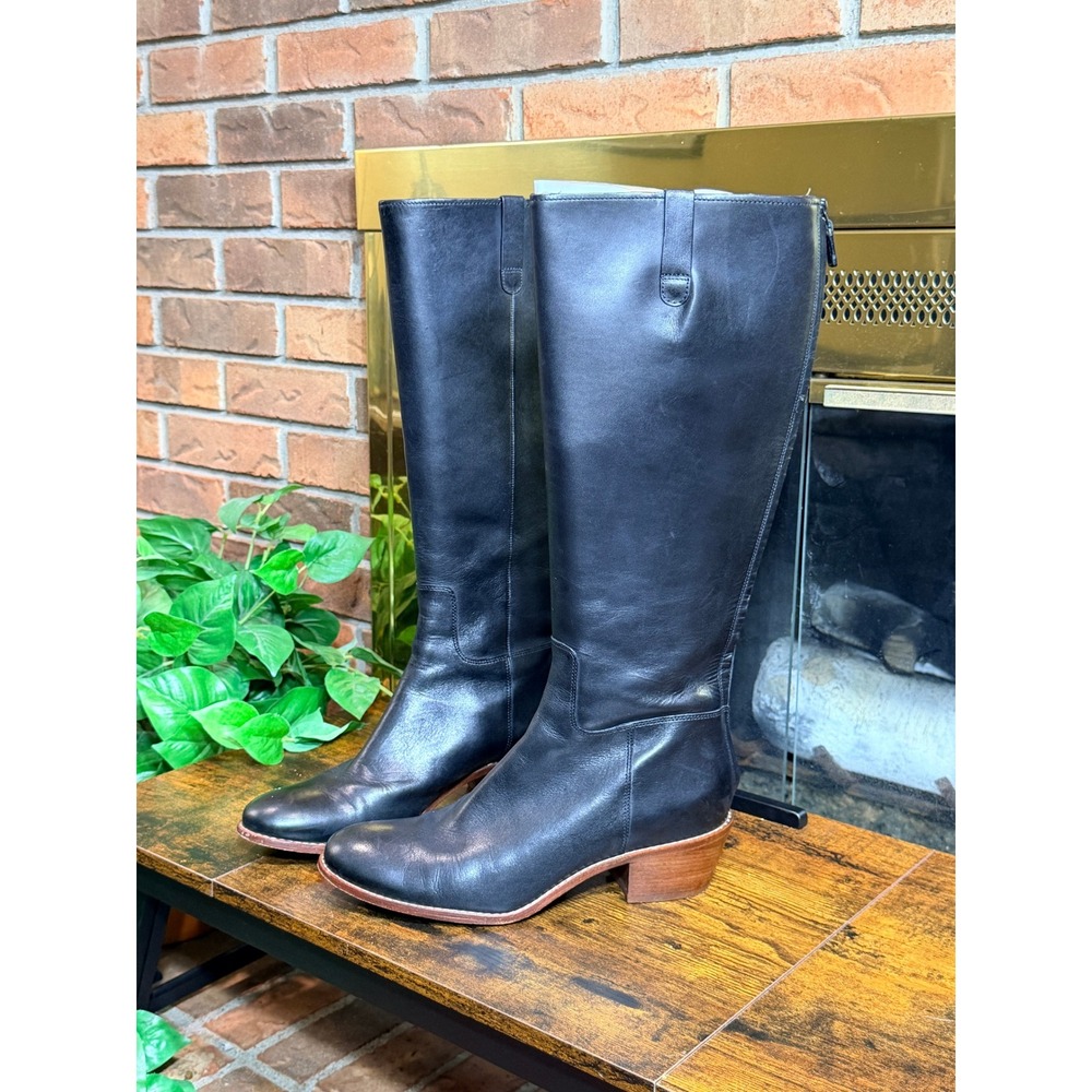 Cole Haan Riding Boots Women Black Leather Rear Zip Stacked Heel Size 9B